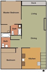 A floor plan of a house with a deck, living room, dining room, kitchen, and two bathrooms.