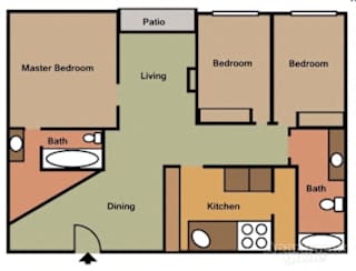 A floor plan of a house with a master bedroom, two bathrooms, a living room, a dining area, a kitchen, and two additional bedrooms.