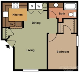 Apartment floor plan with kitchen, dining, living room, bedroom and bath.