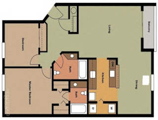 A floor plan of a house with a living room, dining room, kitchen, and bathrooms.