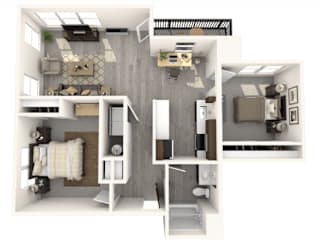 A 3D floor plan of a small apartment with a kitchen, living room, and bathroom.