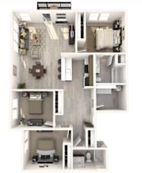 A 3D floor plan of a small apartment with a kitchen, living room, and bedroom.