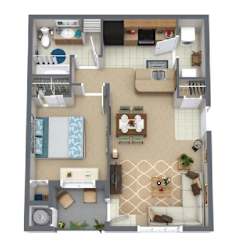 A floor plan of a small apartment with a kitchen, living room, and bathroom.