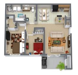 A top-down view of a house layout with a kitchen, living room, and dining area.