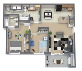 A top-down view of a house layout with a kitchen, living room, and bathroom.