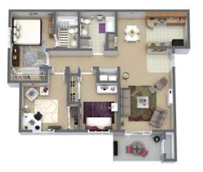 A detailed 3D floor plan of a house showing all rooms and their layouts.