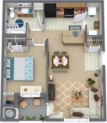 A top-down view of a small apartment with a kitchen, living room, and bathroom.
