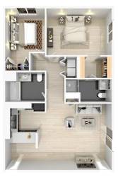 A floor plan of a small apartment with a kitchen, living room, and two bedrooms.