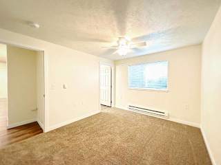 A room with a carpeted floor and a ceiling fan.