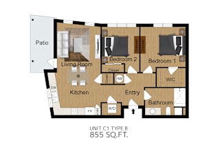 A floor plan of a 855 square feet apartment with a living room, kitchen, two bedrooms, a bathroom, and a patio.