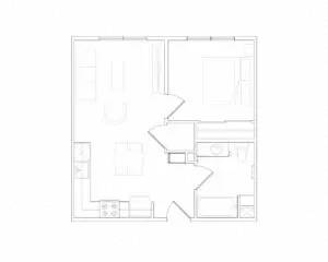 A floor plan of a house with a kitchen, living room, and two bedrooms.