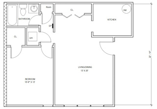 A black and white floor plan of a small apartment with a living room, kitchen, bedroom, and bathroom.