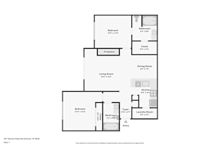 Two bedroom floor plan with living area and bathrooms at TalaVera Apartments, San Antonio, TX