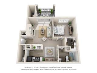 A 3D floor plan of a house with a kitchen, living room, and two bedrooms.