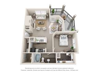 A 3D floor plan of a house with a kitchen, living room, and bathroom.