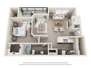 A 3D floor plan of a house with a kitchen, living room, and bathroom.