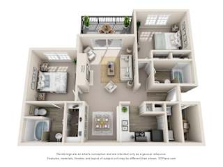3D floor plan with two bedrooms and two bathrooms at TalaVera Apartments, San Antonio, Texas