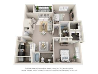 A 3D floor plan of a house with a kitchen, living room, and bedrooms.