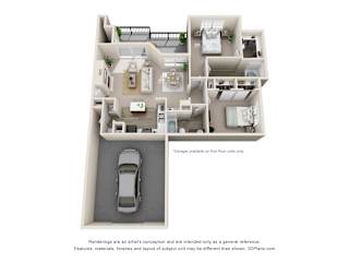 A 3D floor plan of an apartment with a car parked in the driveway.
