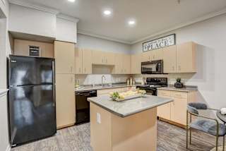 a kitchen with stainless steel appliances and a marble counter top at Artisan Apartments & Shops, Austin, TX, 78729
