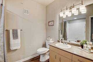 a bathroom with a sink and a toilet and a mirror at Artisan Apartments & Shops, Texas, 78729