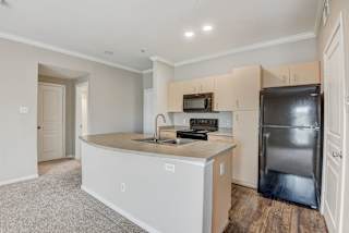 an empty kitchen with stainless steel appliances and a large counter top at Artisan Apartments & Shops, Austin, TX, 78729