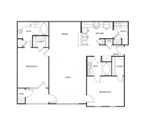 B2 (Traditional) Floor Plan at Island Park Apartments in Shreveport, Louisiana, LA