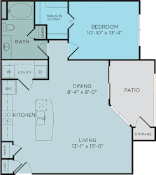 A2 floor plan, 1bed 1 bath and 830 square feet. Hilltops in Conroe, TX