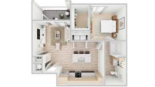 3D rendering of A2 floor plan, 1 bed, 1 bath, 798-863 sqft at Whispering Pines at Westdale Hills in Euless, TX