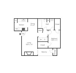 2D rendering of A6 floor plan, 1bed, 1bath, and 749sqft, at Windridge on the Parkway in Dallas, TX