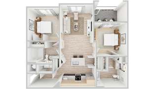 3d rendering of B1 floor plan, 2 bed, 2 bath, 1,058 sqft at Whispering Pines at Westdale Hills in Euless, TX
