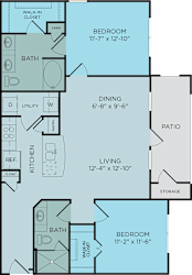 B2 floor plan, 2bed 2bath and 1,065 square feet. Hilltops in Conroe, TX