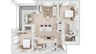 3D rendering of B2 floor plan, 2 bed, 2 bath, 1,102 sqft at Whispering Pines at Westdale Hills in Euless, TX
