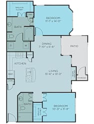 B3 floor plan, 2bed 2 bath and 1,113 square feet. Hilltops in Conroe, TX