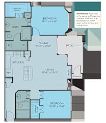 B3 sunroom floor plan, 2bed 2bath and 1,239 square feet. Hilltops in Conroe, TX