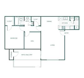C floor plan 761sqft, 2 bed, 1 bath, at Bear Creek Crossing apartments in Houston, TX