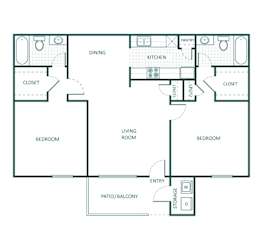 D floor plan, 922sqft, 2 bed, 2 bath, at Bear Creek Crossing apartments in Houston, TX