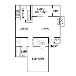 Floor plan B, 1 bed, 1 bath, 647 square feet, at Heritage Square Apartments in Waco, TX