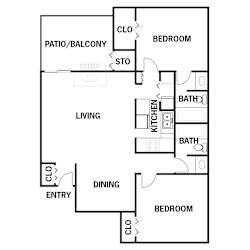 Floor plan D, 2 bed, 2 bath, 995 square feet, at Heritage Square Apartments in Waco, TX