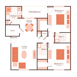 Barcelona Floor Plan is a 2 bedroom, 2 bathroom apartment at Magnolia Apartments in Shreveport, Louisiana, LA