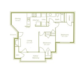 C floor plan, 873sqft, 2bed 1 bath, at On The Green apartments in Austin, TX