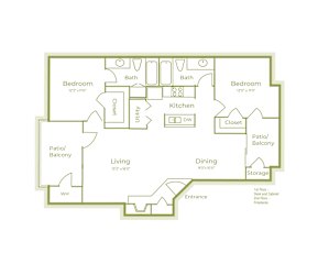 E floor plan, 1082-1092sqft, 2 bed 2 bath, at On The Green apartments in Austin, TX
