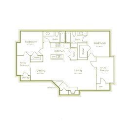 F floor plan 1105-1115sqft, 2 bed 2 bath, at On The Green apartments in Austin, TX