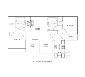 B2 floor plan, 2 bedroom and 2 baths, 1,050 square feet, at Preston Oaks apartments in Dallas, TX