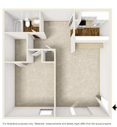 3D Floor Plan of A1 without furniture at The Park on Preston Apartments in Dallas, TX
