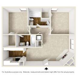 3D Drawing without furniture of B2 Floor PLan at The Park on Preston Apartments in Dallas, TX