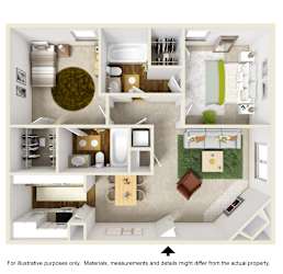 3D Drawing with Furniture of B2 Floor Plan at The Park on Preston Apartments in Dallas, TX