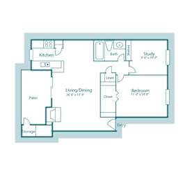 A4 floor plan, 786sqft, 1 bed, 1 bath, at Westdale Creek apartments in Austin, TX