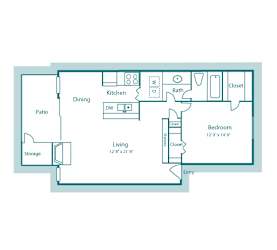 A5 floor plan 818sqft, 1 bed, 1 bath, at Westdale Creek apartments in Austin, TX