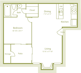 2d photo of A2 floor plan with 1 bed and 1 bath, 570sqft at Westdale Parke Apartments in Austin, TX